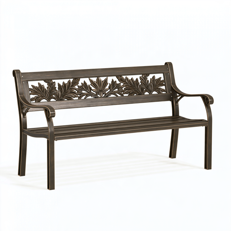 Gartenbank 150 cm aus Metall in Bronze mit Blumenornamenten für Garten und Terrasse