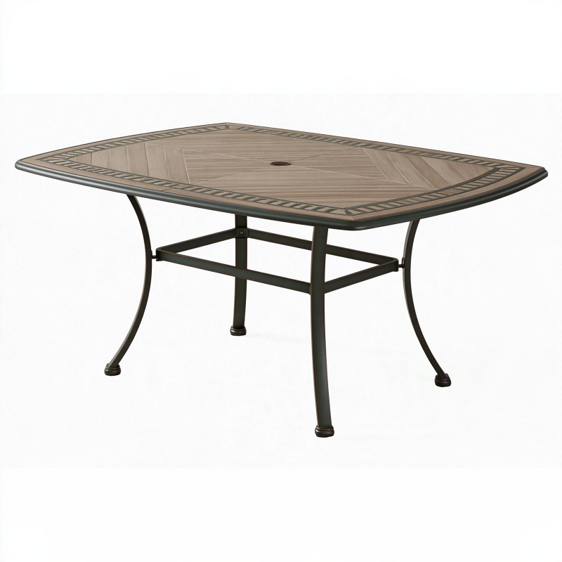 Gartentisch 150 x 90 x 74 cm Metall Braun mit Tischplatte in Holzoptik und Sonnenschirmöffnung