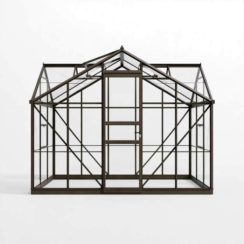 Gewächshaus 244 x 192 x 250 cm aus Aluminium und Glas in Dunkelbraun mit Satteldach