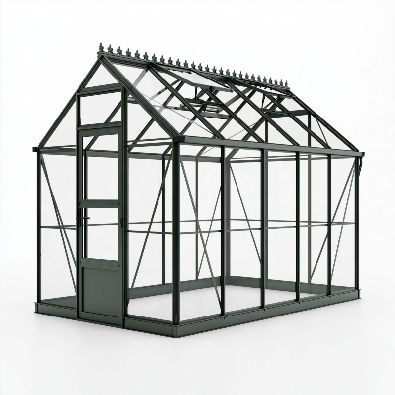 Gewächshaus 250 x 190 x 250 cm aus Aluminium und Glas in Dunkelgrün mit Dachfenster