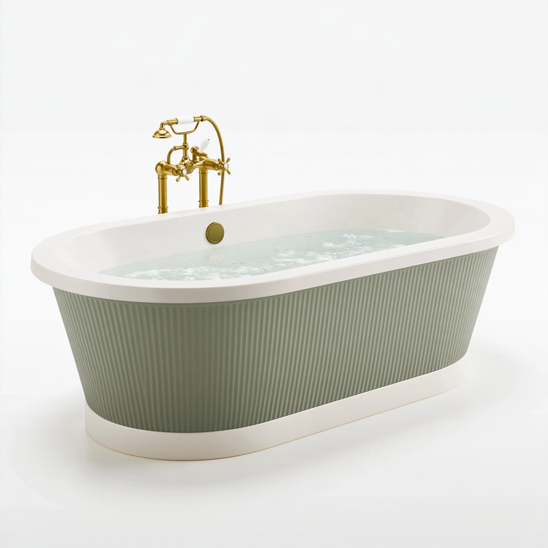 Freistehende Badewanne 170 x 75 cm Acryl cremegrün geriffelt klassisch